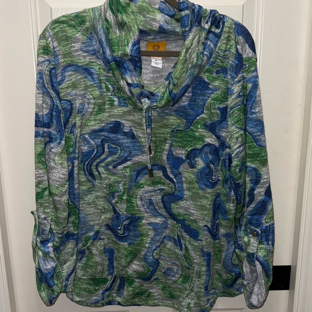 Ruby Rd. Green and Blue Patterned Hoodie - Picture 1 of 6